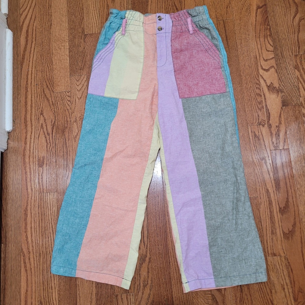 Current Air Patchwork Linen Cotton Belted Wide Le… - image 2